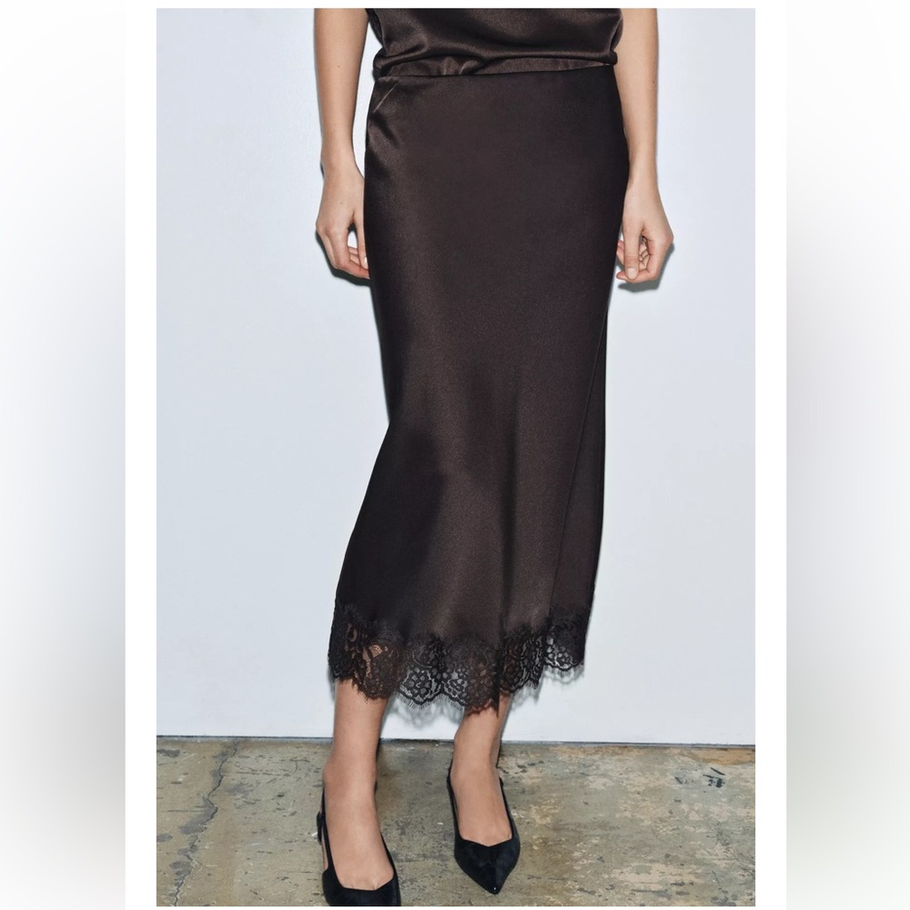 ZARA Satin Effect Lace Slip Skirt, Dark Brown S NWT